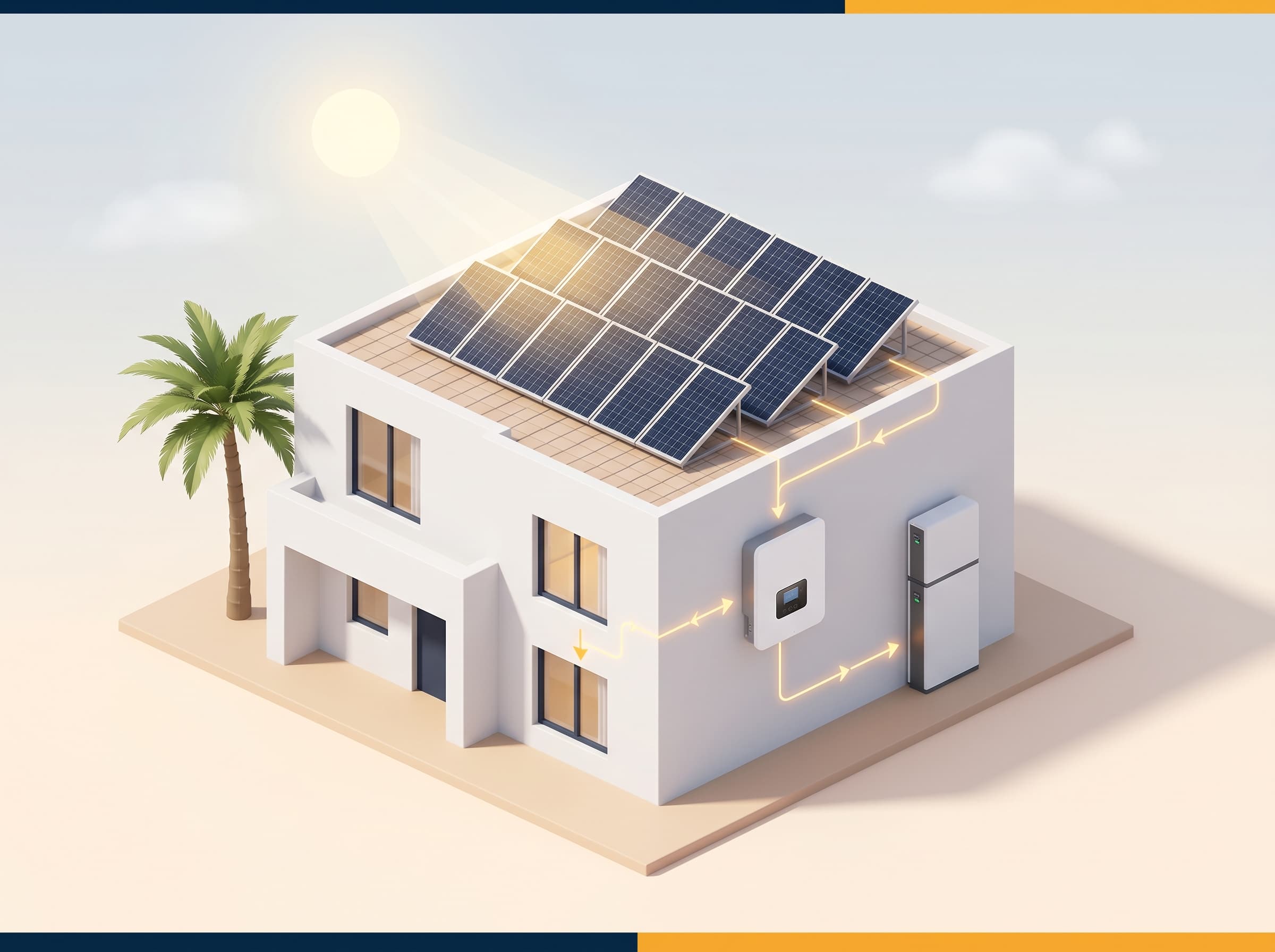 Schéma d'une installation solaire UnifySun : panneaux, onduleur, batterie et villa
