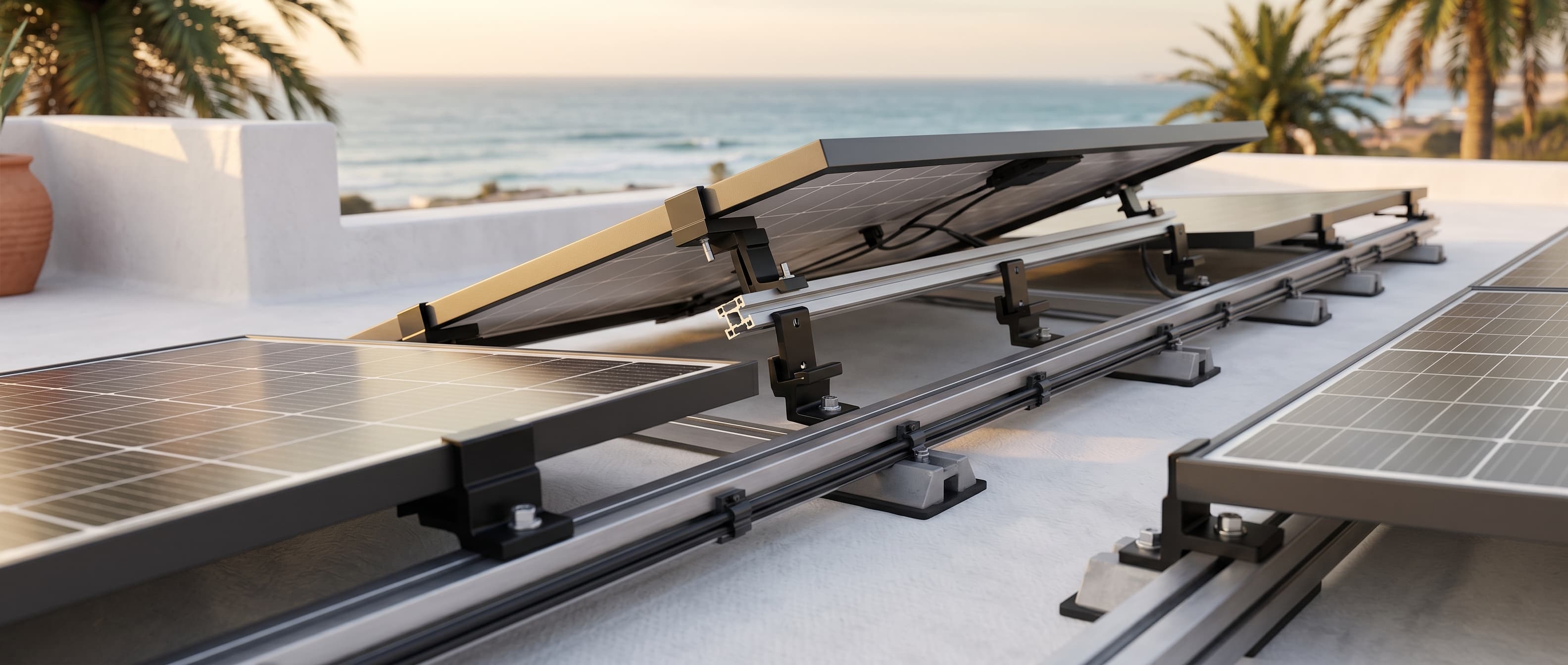 Détail de la pose : structure aluminium K2 SunGrip anti-corrosion air marin.